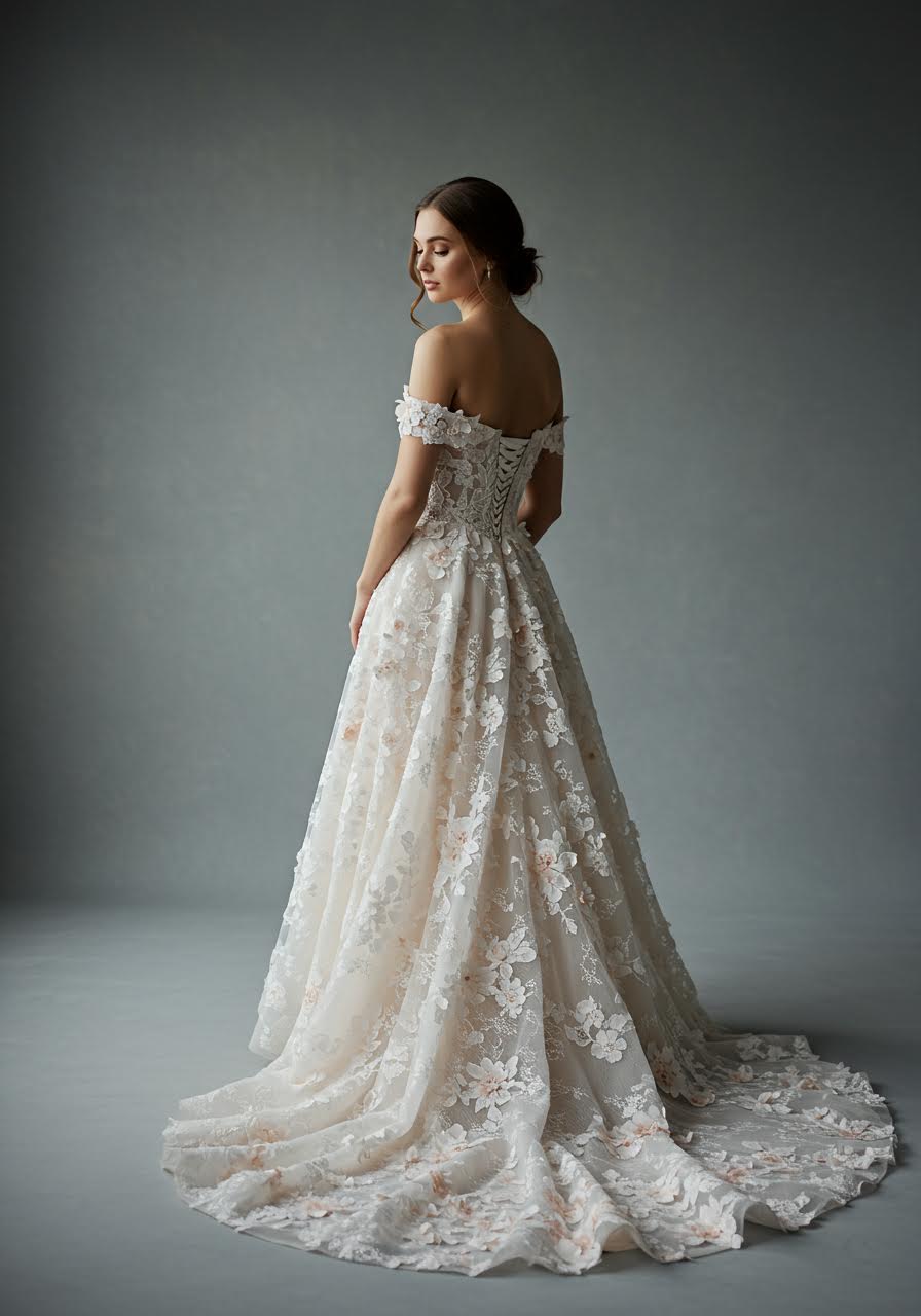 Romantic A-line wedding gown with cascading floral lace appliqués and delicate sleeve details