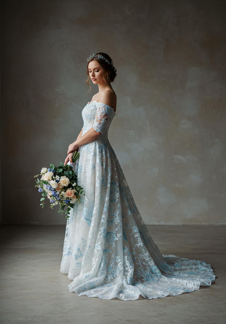 Romantic wedding dress with blue lace threading through illusion bodice creating something blue tradition