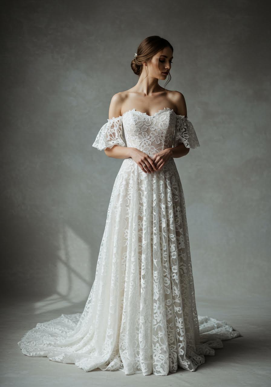 Romantic bridal portrait in wildflower lace gown with scattered botanical motifs and off-shoulder design