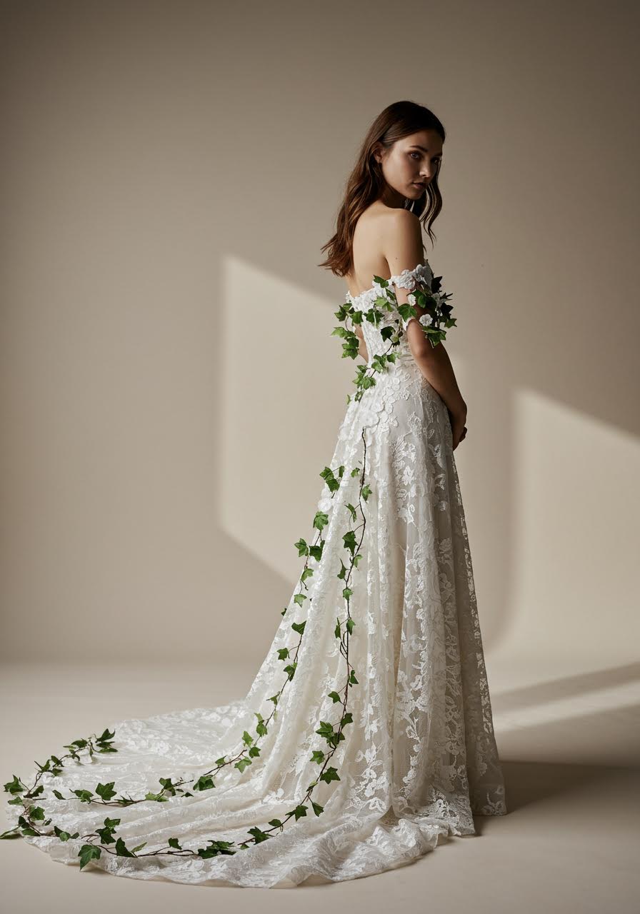 Elegant bridal portrait showing asymmetrical ivy lace design and sophisticated draping