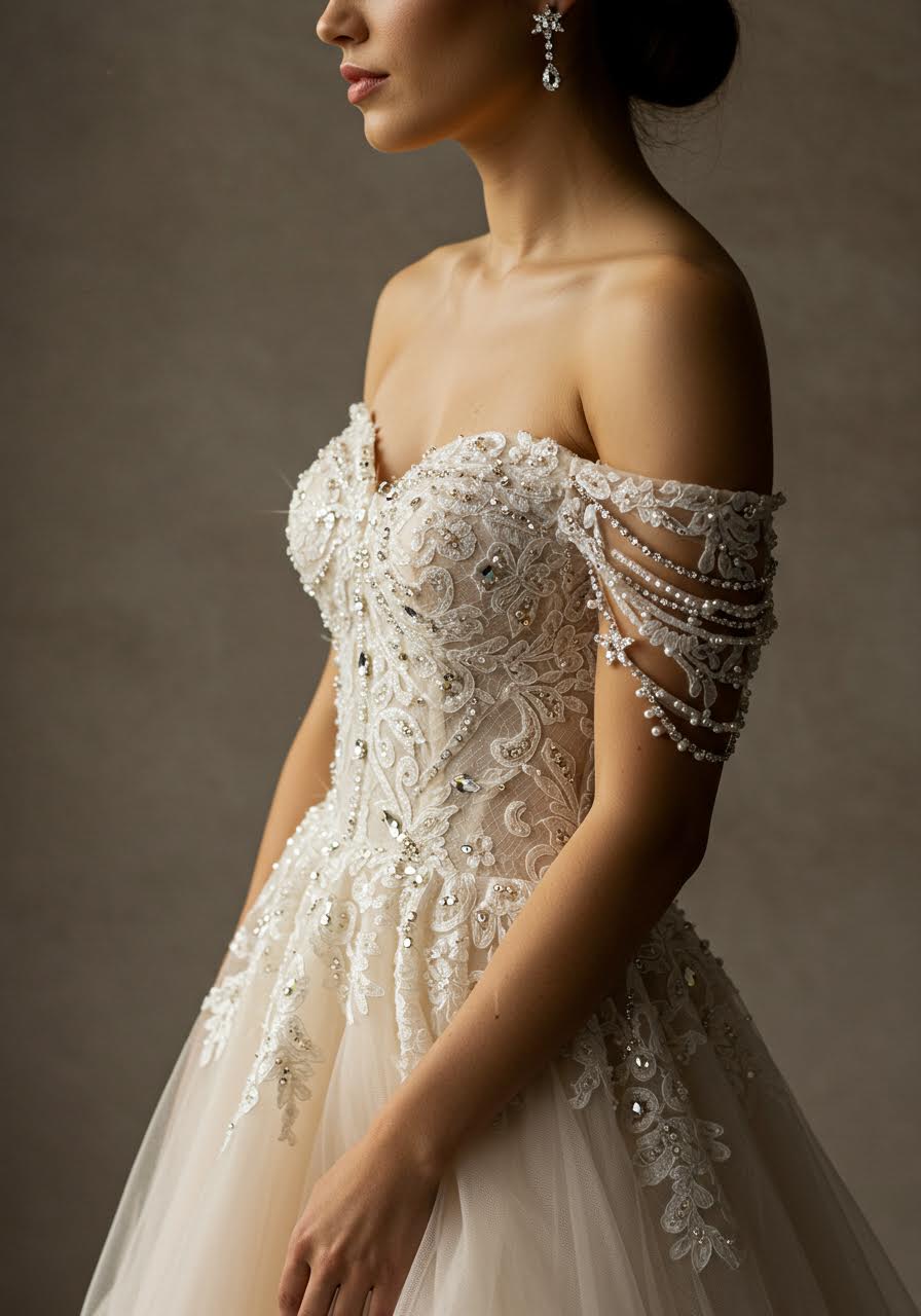 Golden hour lighting creating prismatic effects on crystal wedding dress details