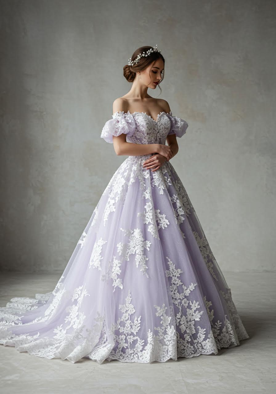 Whimsical lavender and white lace wedding gown with ethereal flowing silhouette