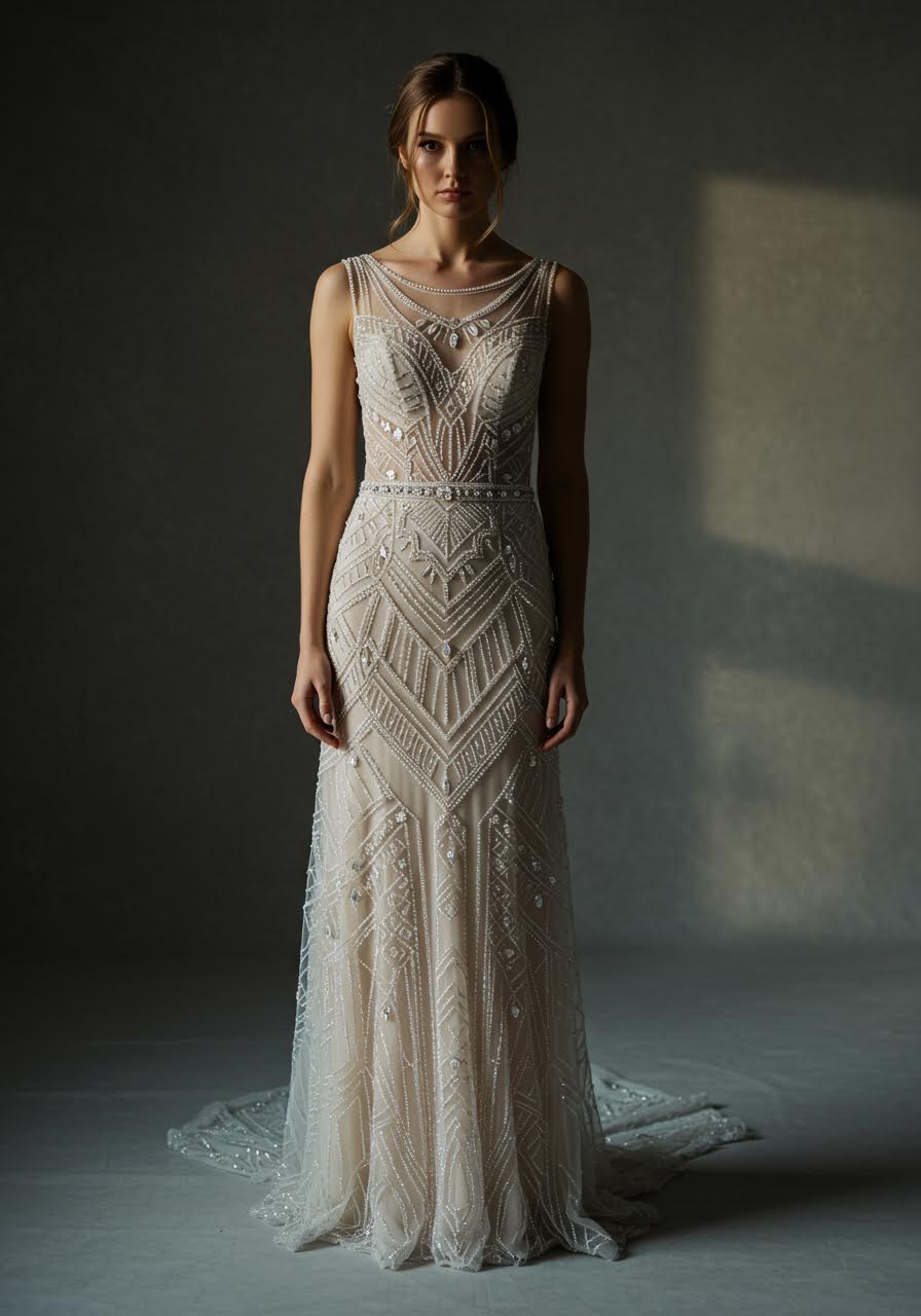 Art Deco inspired bride with geometric beadwork patterns on sheer illusion wedding dress