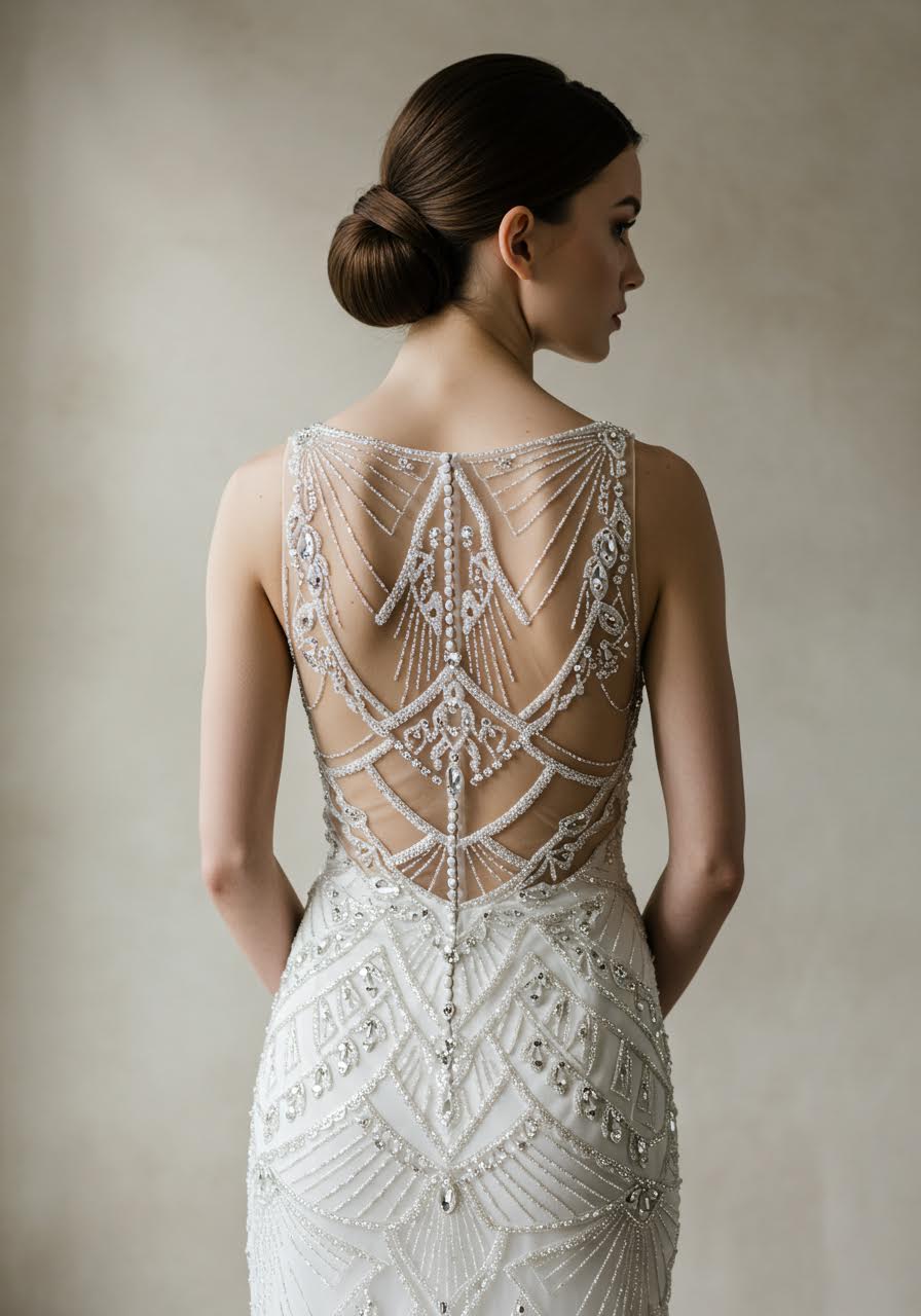 Geometric crystal patterns forming Art Deco motifs across nude illusion bridal gown