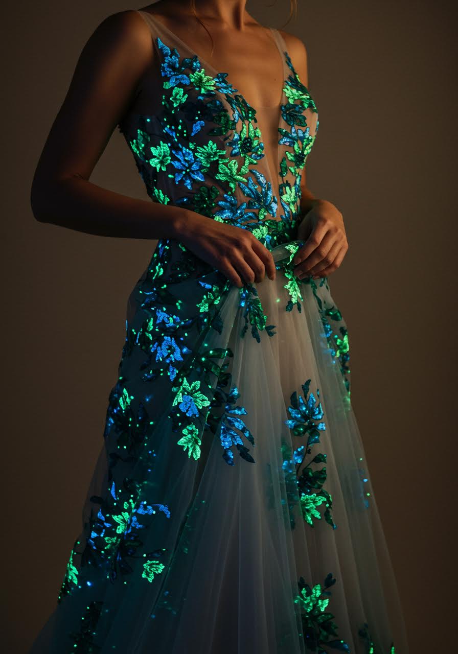 Bride adjusting glowing floral embellishments on translucent botanical gown