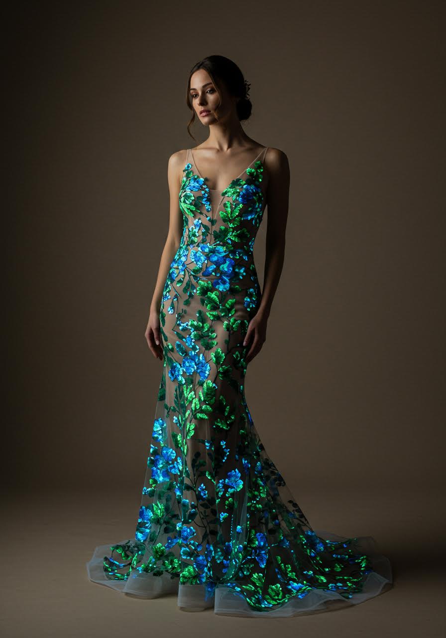 Bioluminescent botanical patterns creating glowing flora effects on illusion wedding dress