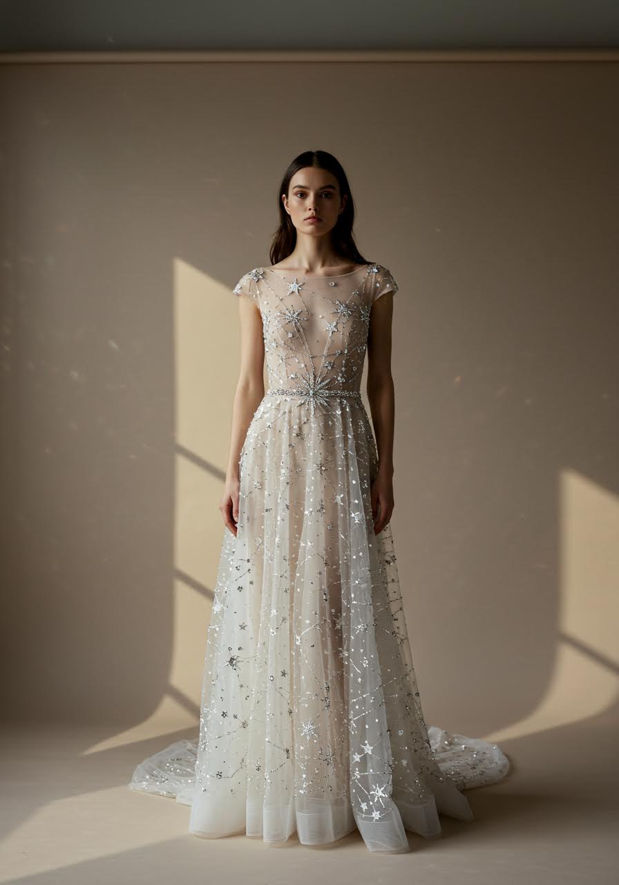 Bride wearing celestial-inspired gown with constellation crystal beadwork across sheer illusion fabric
