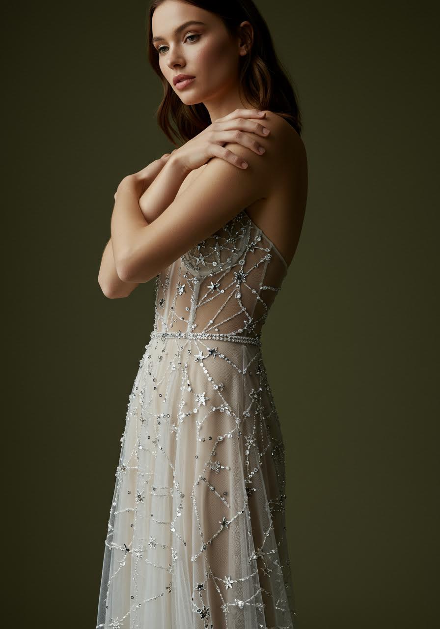 Crystal-beaded column gown with scattered star motifs creating celestial patterns