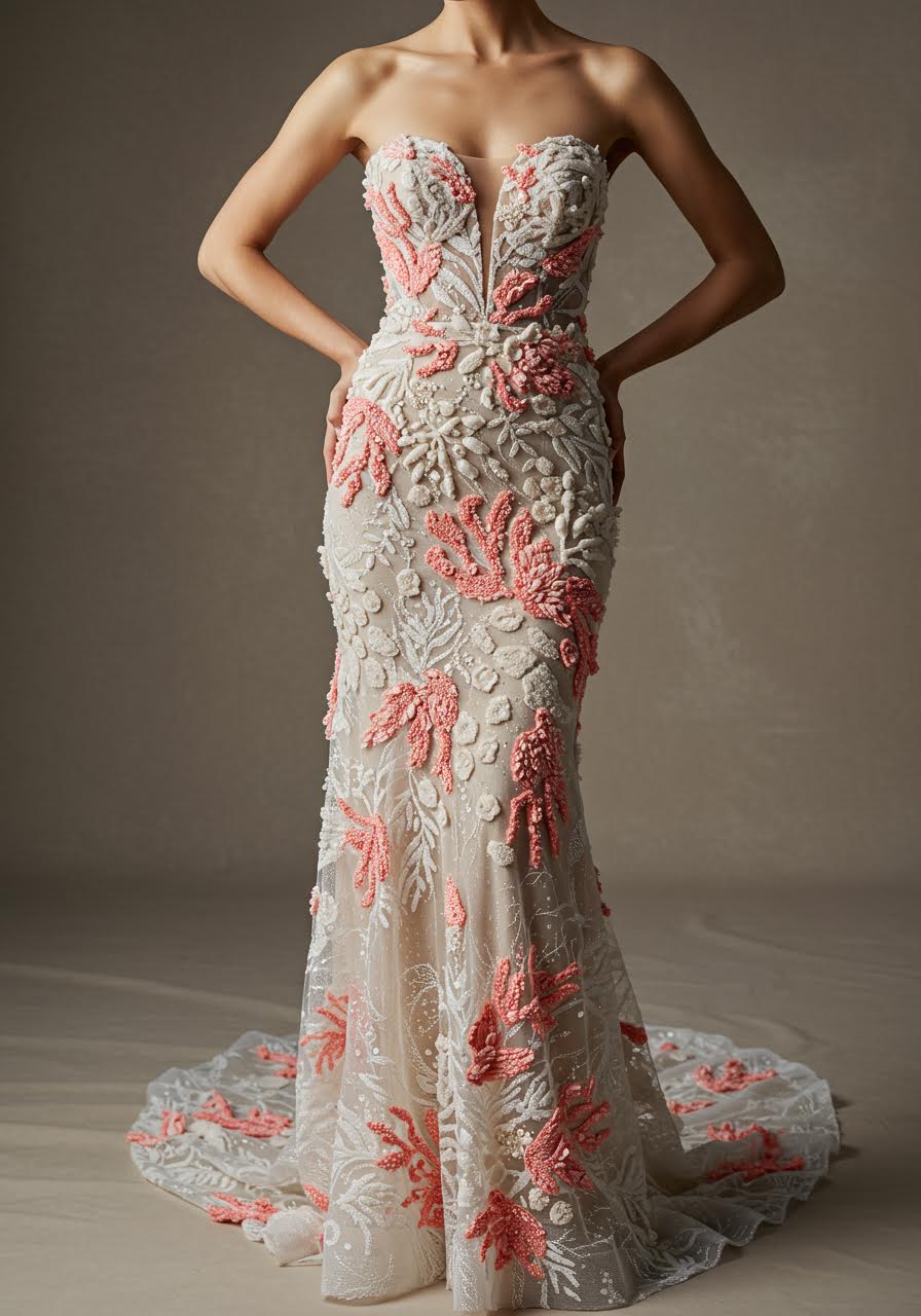 Coral-inspired embroidery creating organic textures on illusion wedding dress