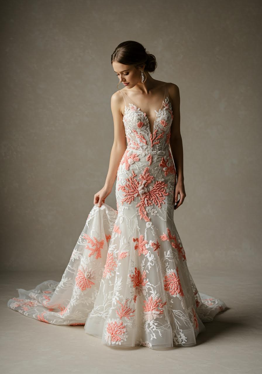 Bride adjusting coral-textured hem details on nude illusion gown