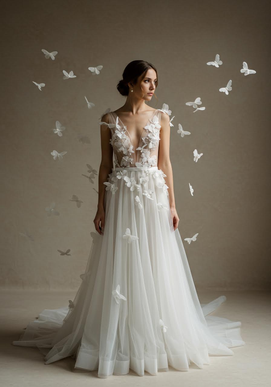 Ethereal butterfly embellishments scattered across nude illusion wedding dress