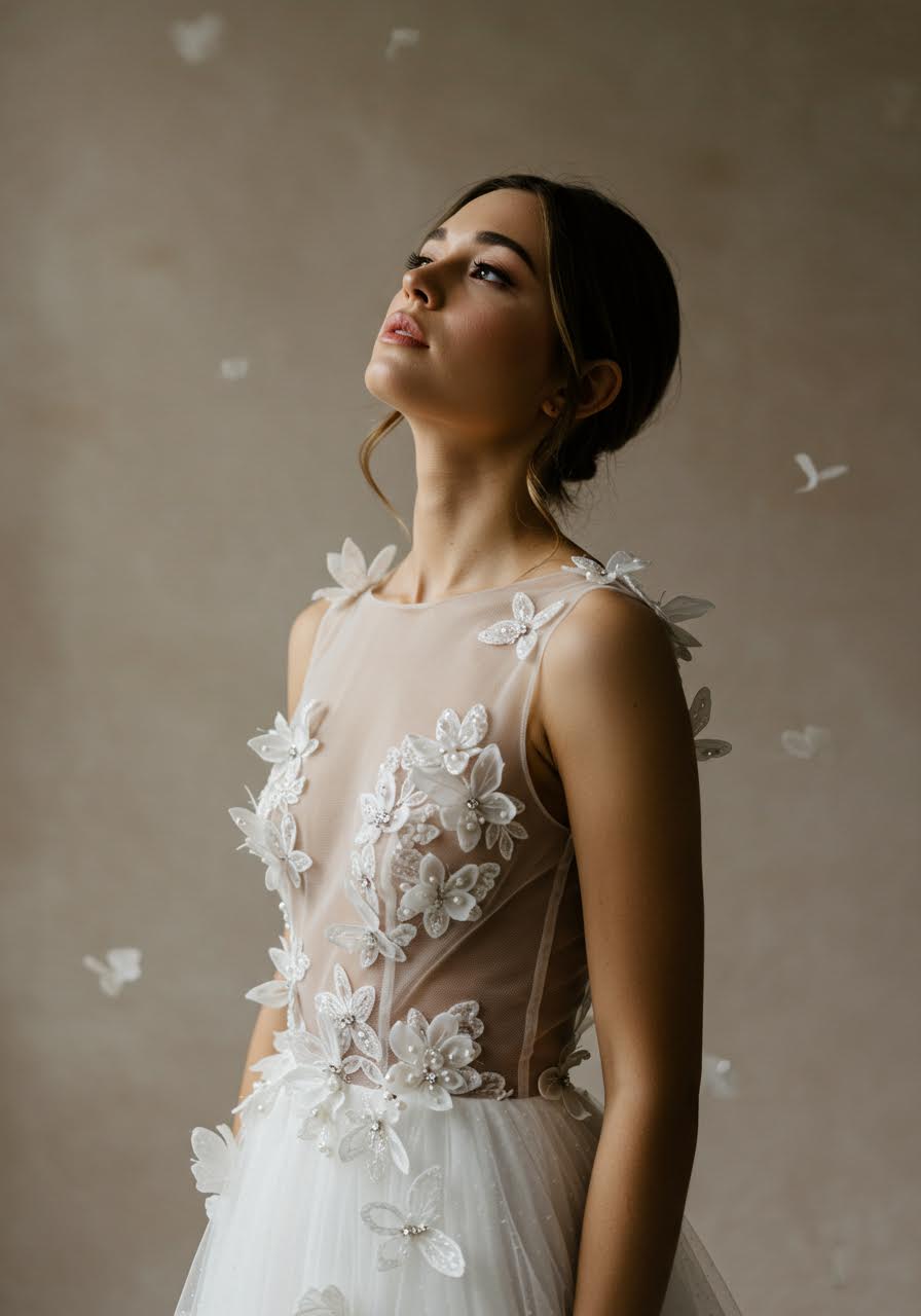 Low-angle view showcasing dimensional butterfly motifs on illusion bridal gown