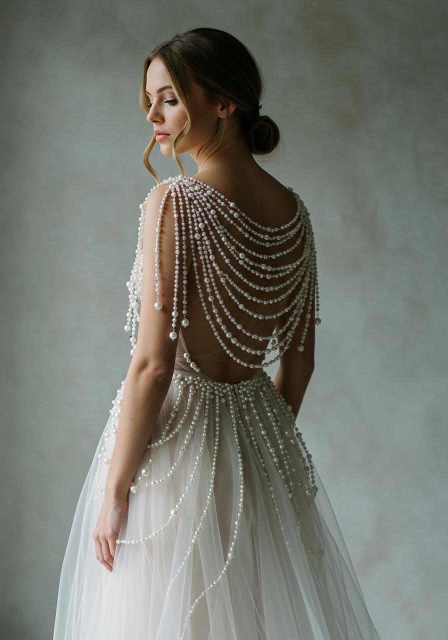 Ethereal bridal portrait showcasing cascading pearl embellishments flowing down illusion tulle