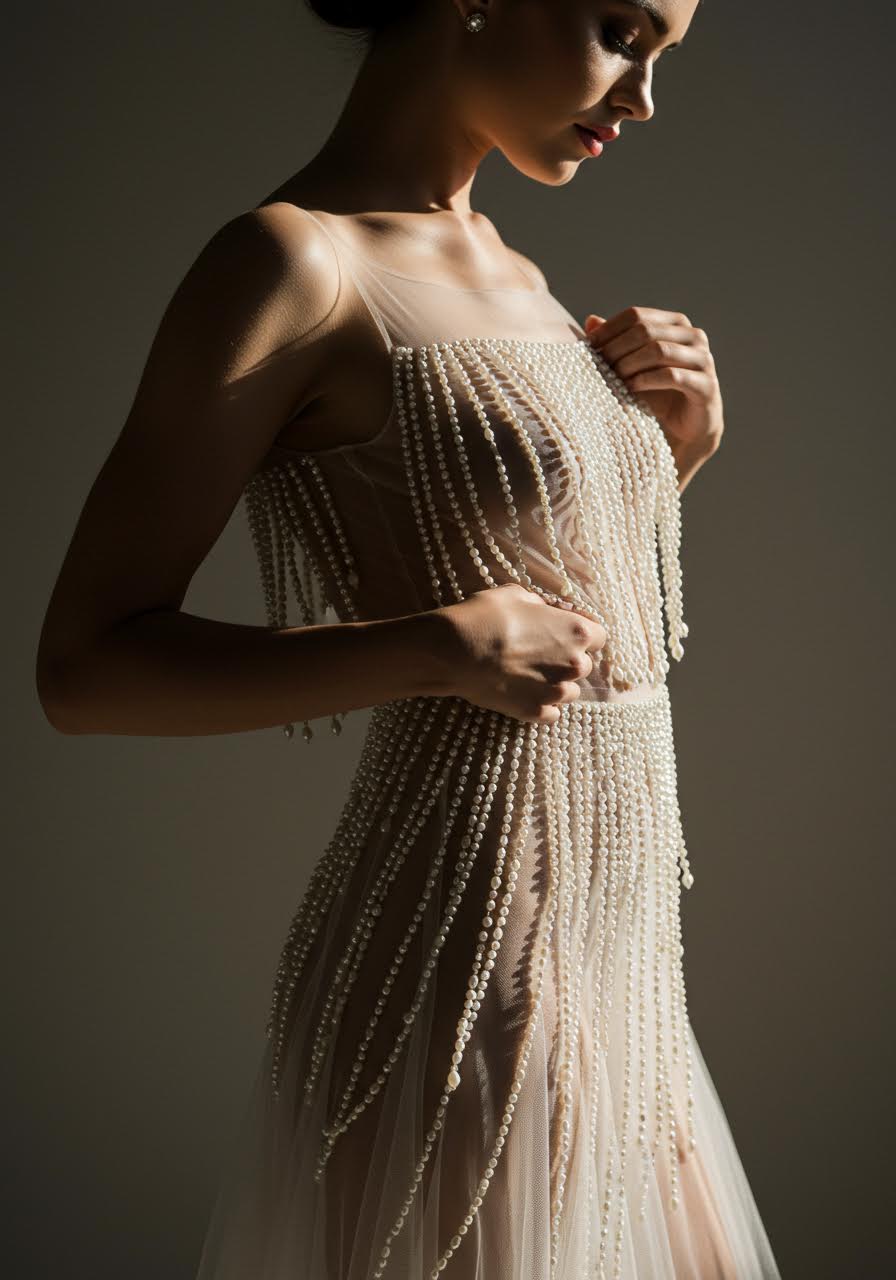 Bride adjusting pearl waterfall details on nude illusion wedding gown