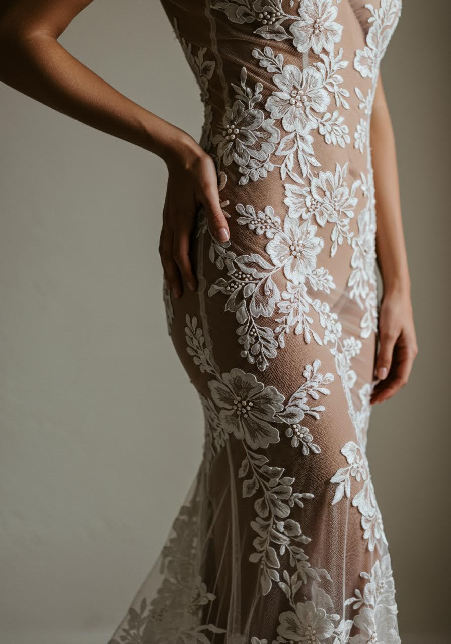 Column wedding dress featuring ghostly white lace appliqués on nude illusion fabric