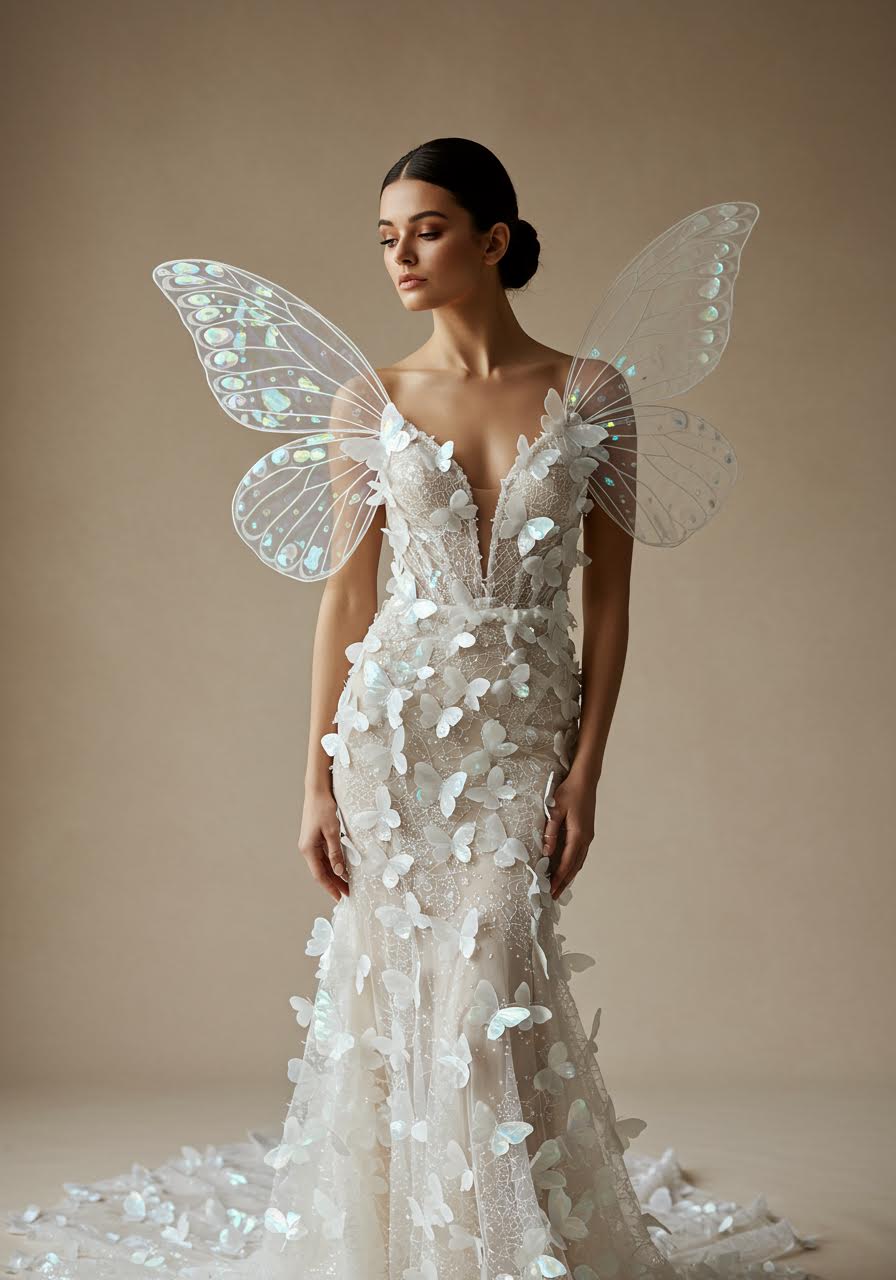 Cascading butterfly motifs creating movement and dimension on illusion tulle gown