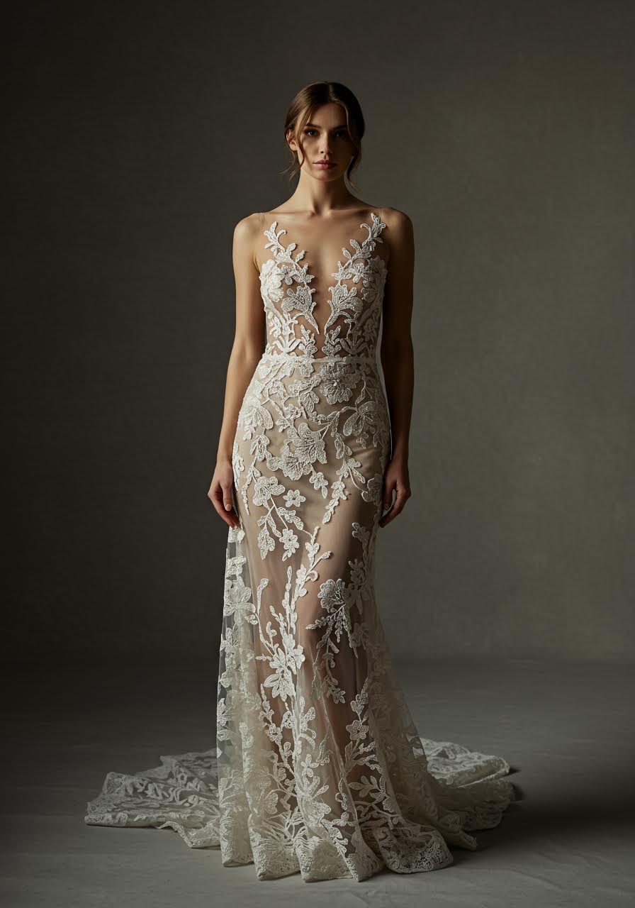 Bride in flowing illusion tulle gown with delicate floral lace appliqués against neutral backdrop