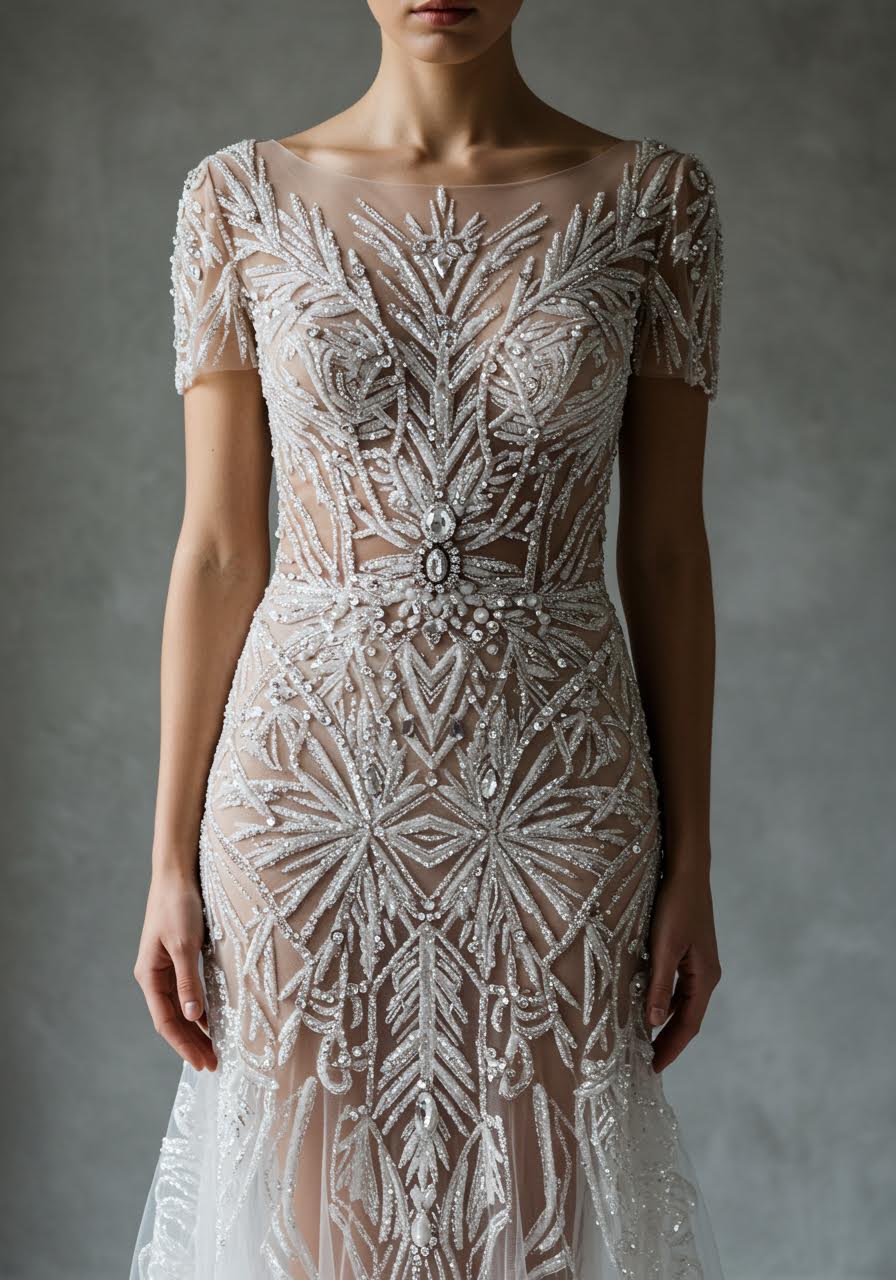 Crystalline geometric beadwork creating frost-like patterns on illusion tulle bridal gown