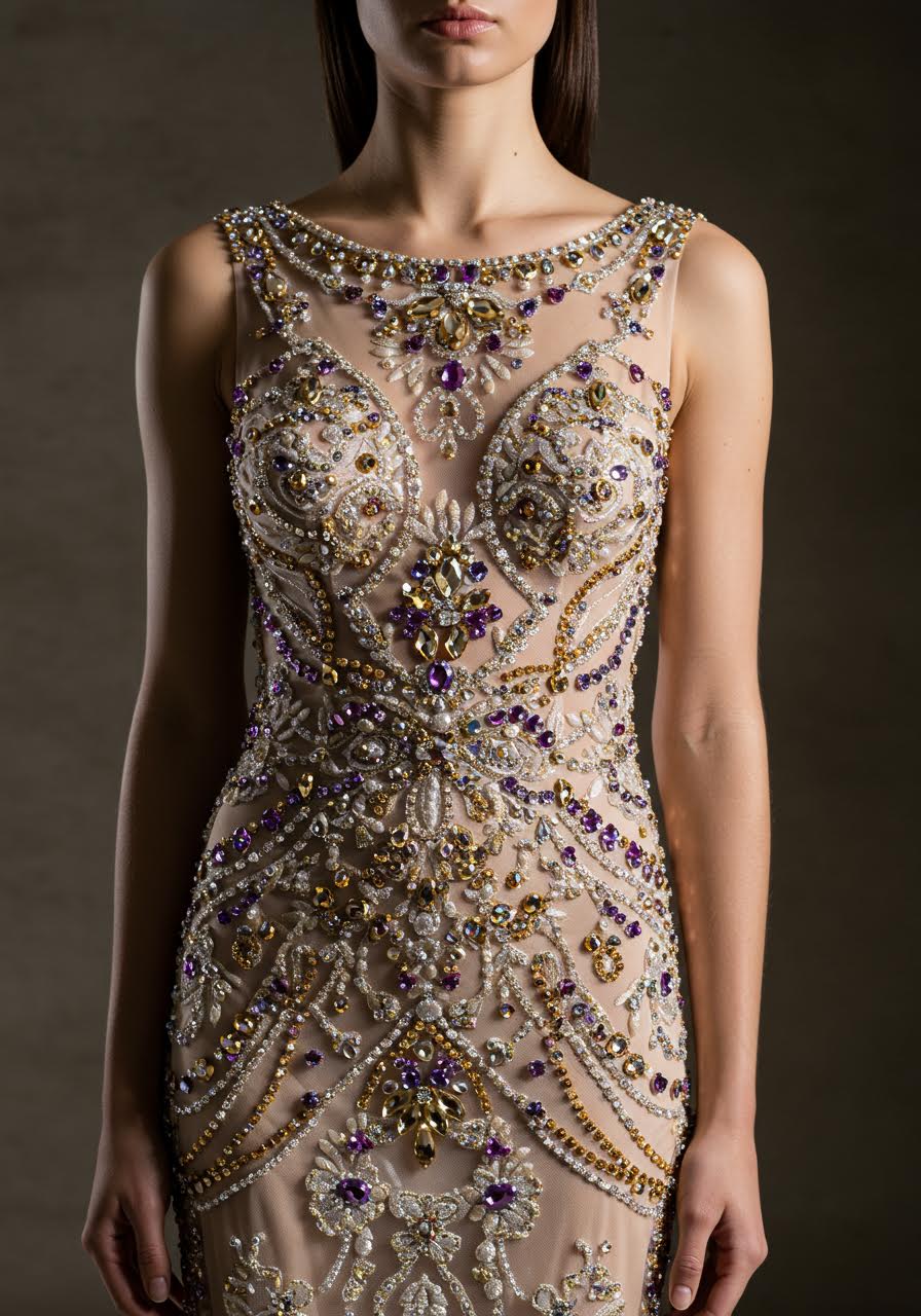 Amber and amethyst crystal patterns creating prismatic effects on illusion bridal wear