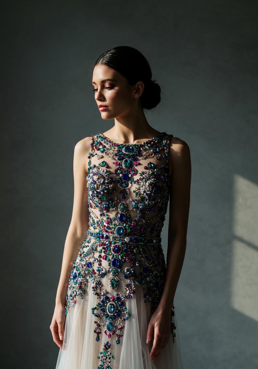 Jewelled mosaic embellishments creating stained glass patterns on illusion wedding dress