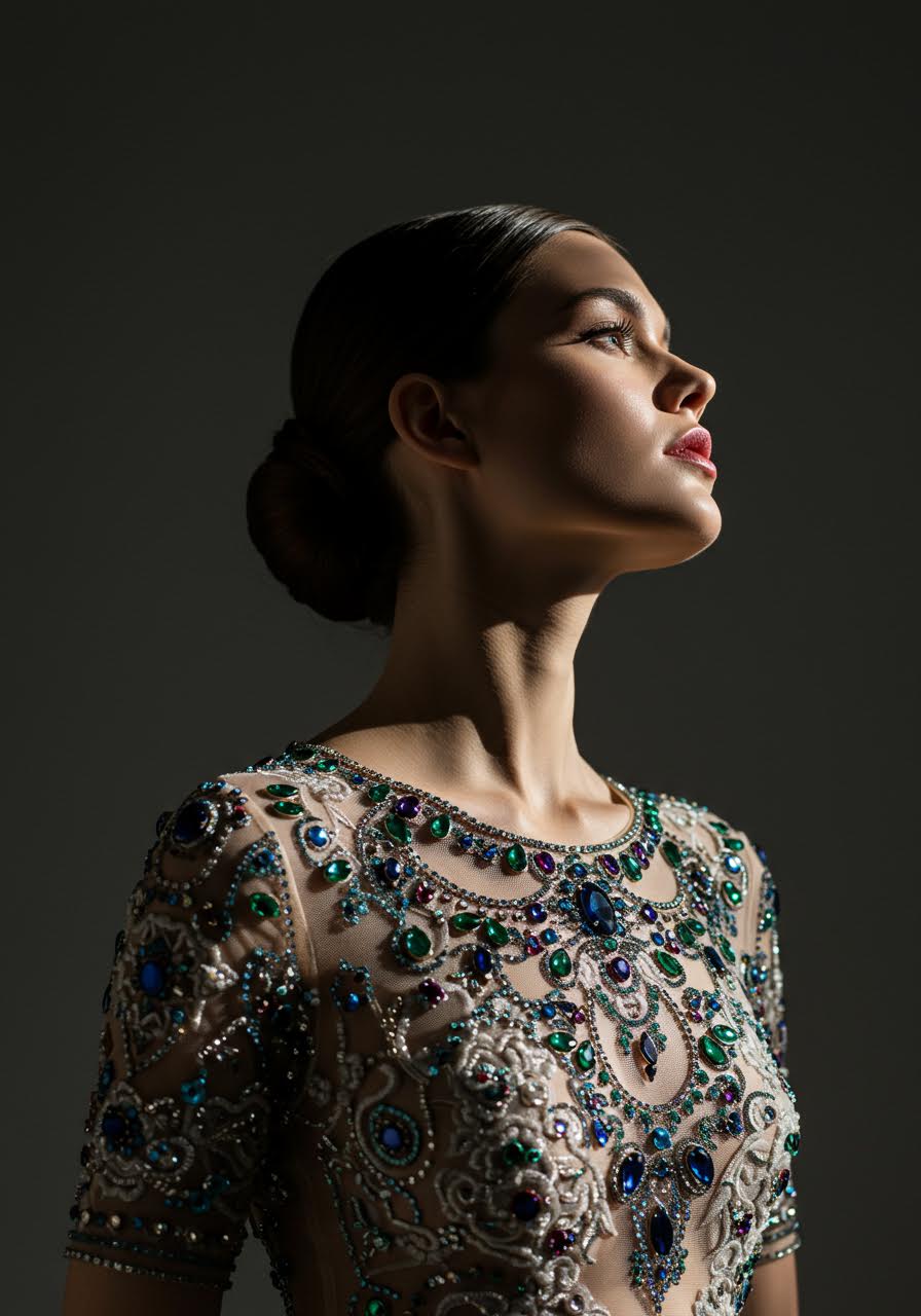 Low-angle portrait highlighting coloured crystal mosaic work on nude bridal gown