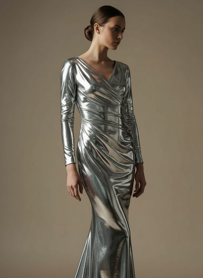 Liquid metal chrome finish creating futuristic second-skin effect on nude wedding gown