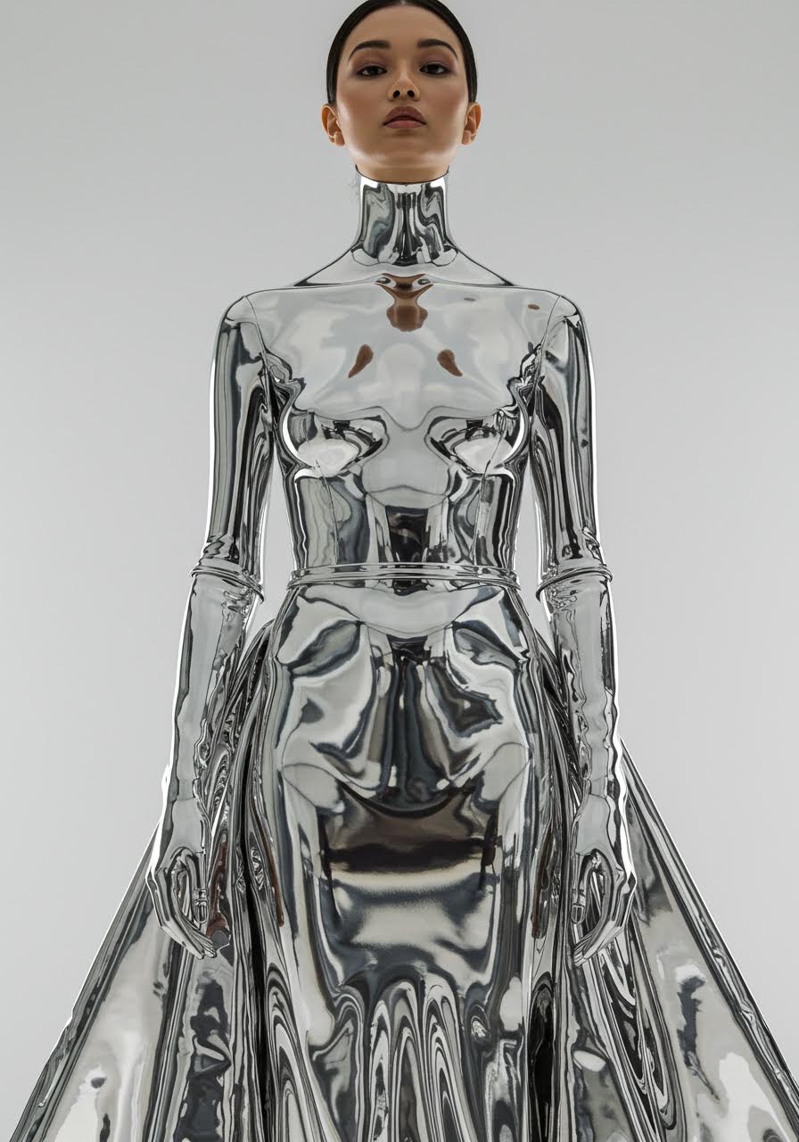 Mercury-metallic dress creating seamless second-skin silhouette