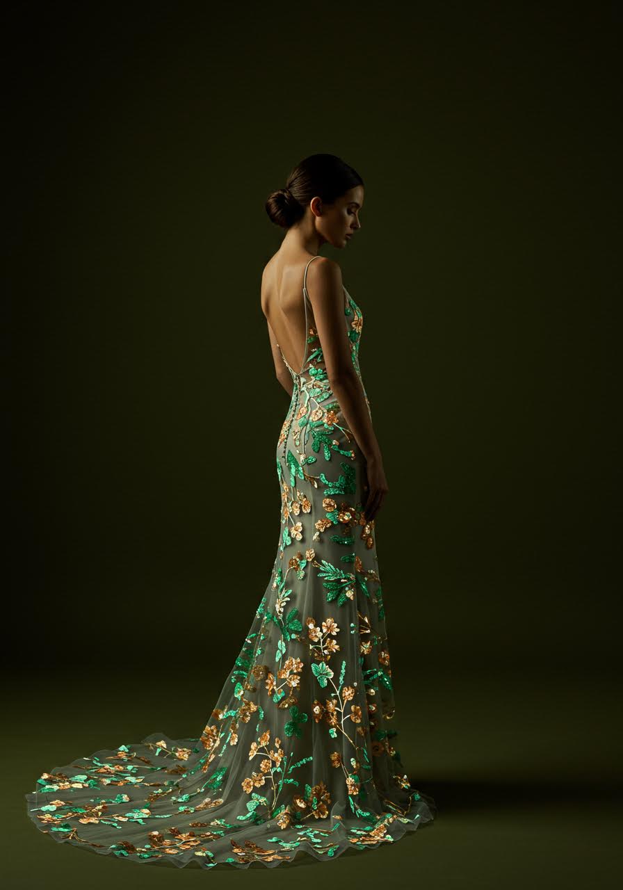 Phosphorescent plant embroidery creating natural luminescence on nude bridal fabric