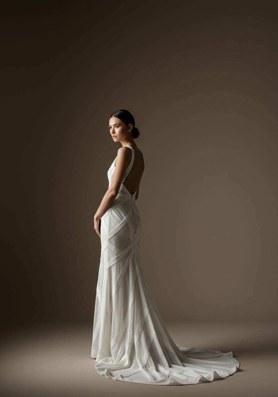 Minimalist column construction with clean architectural lines on illusion wedding dress