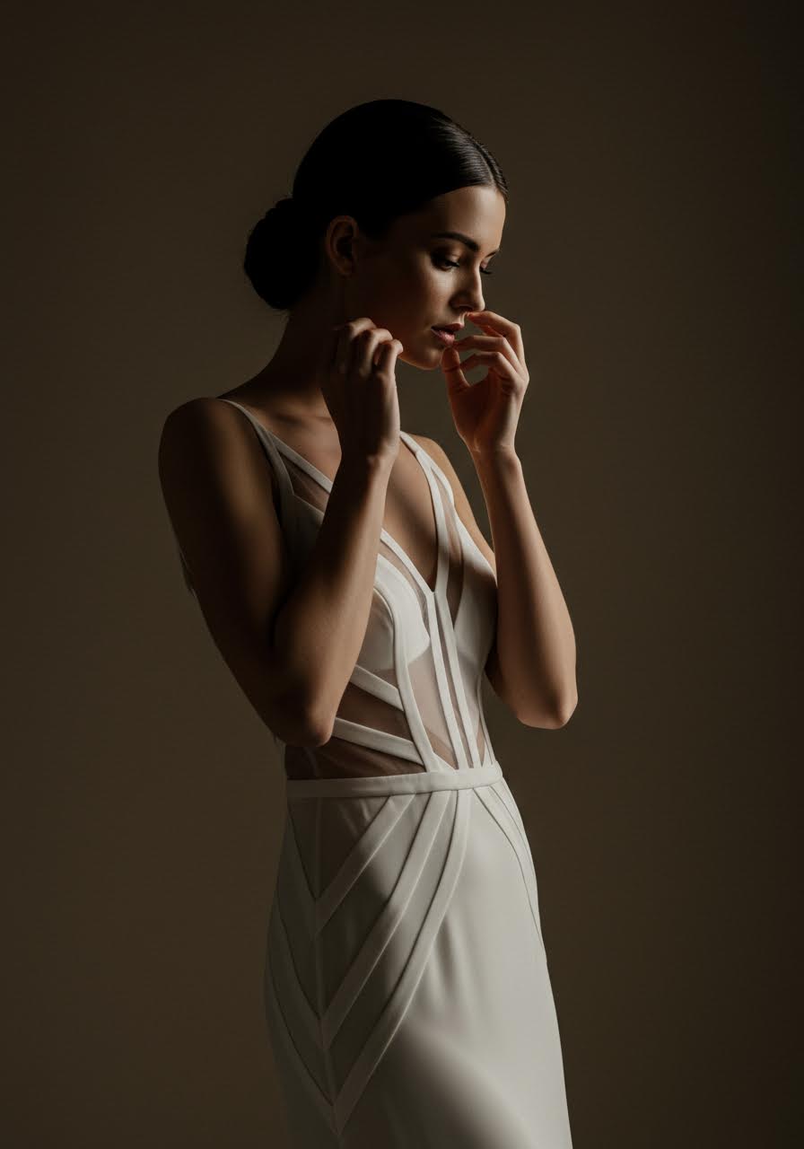 Bride adjusting elegant chignon whilst wearing minimalist architectural gown