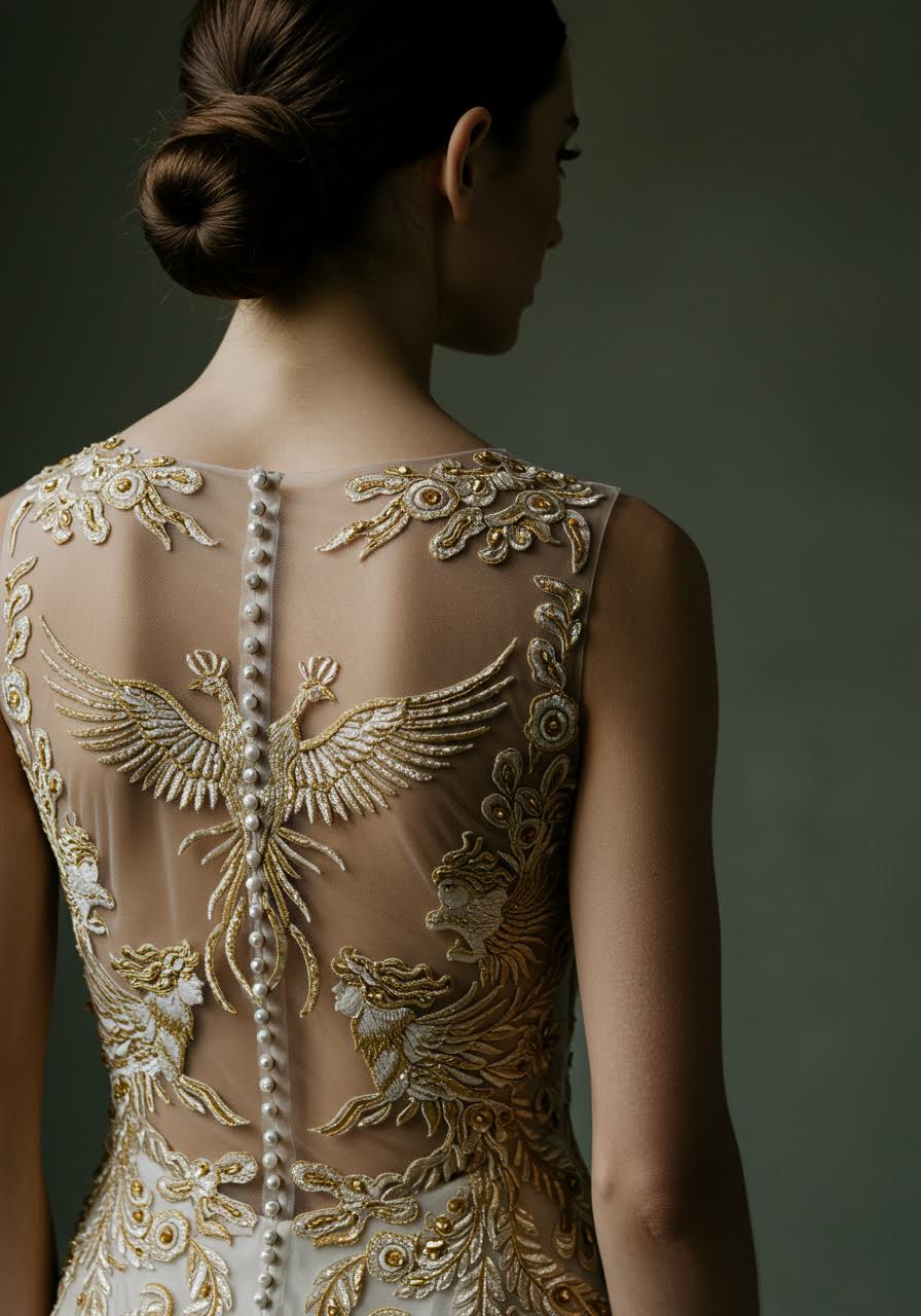 Sheath dress featuring gilded mythological creatures embroidered on illusion fabric
