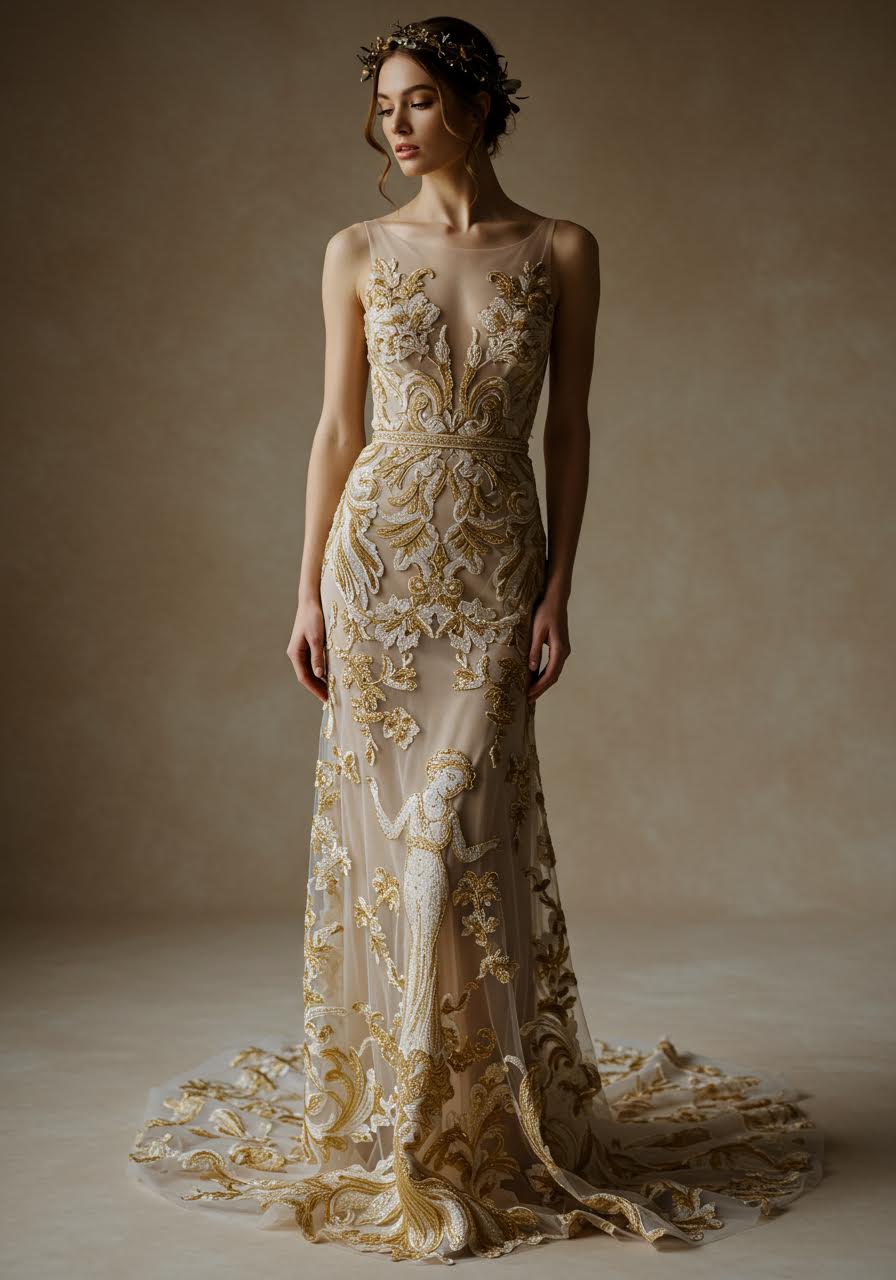 Mythic gold embroidery patterns adorning nude illusion bridal gown in goddess-inspired design
