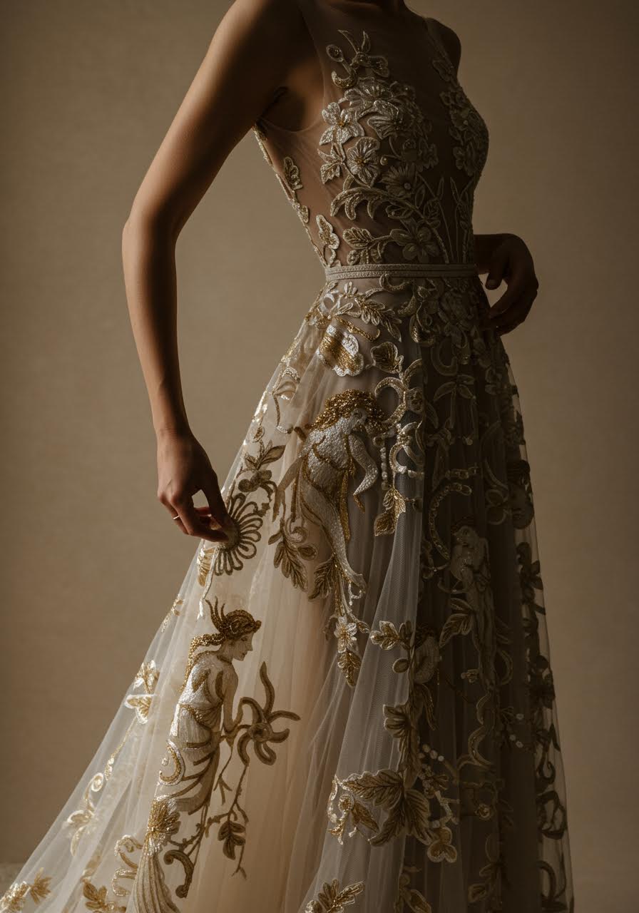 Bride adjusting golden goddess embroidery details on transparent wedding dress