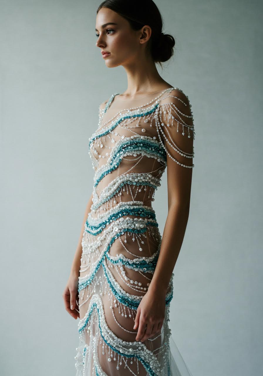 Ocean wave-inspired beadwork creating flowing patterns on nude illusion bridal gown