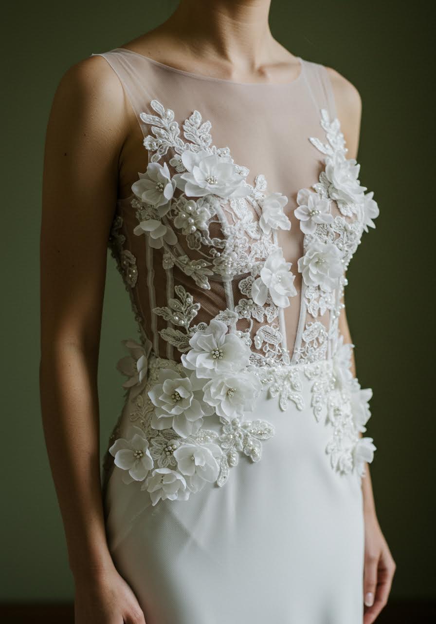 Sculptural floral appliqués creating three-dimensional art on illusion wedding dress