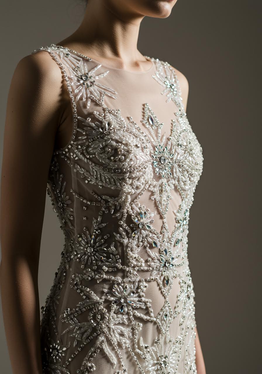Sheath wedding dress showcasing fractal crystal embellishments in geometric patterns
