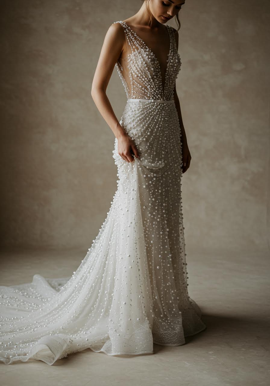 Full-body view of cascading pearl details creating waterfall effect on illusion gown