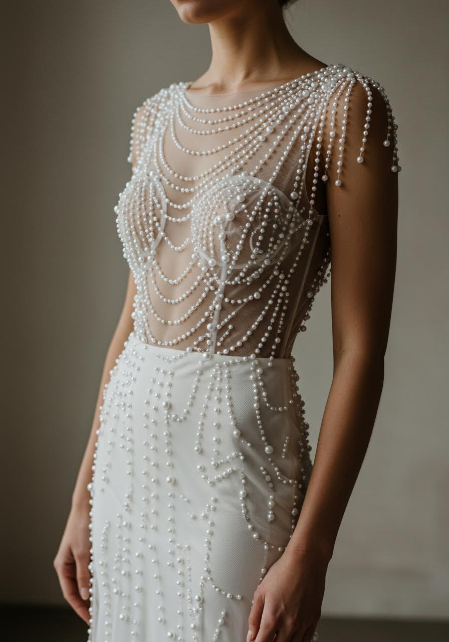 Sheath wedding dress with waterfall pearl embellishments on nude tulle backdrop