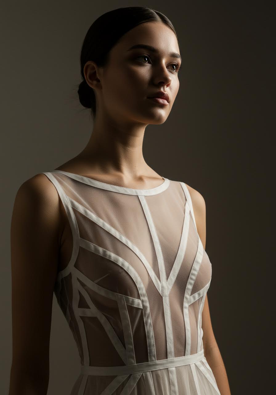 Close-up detail of geometric seaming and architectural construction on nude gown