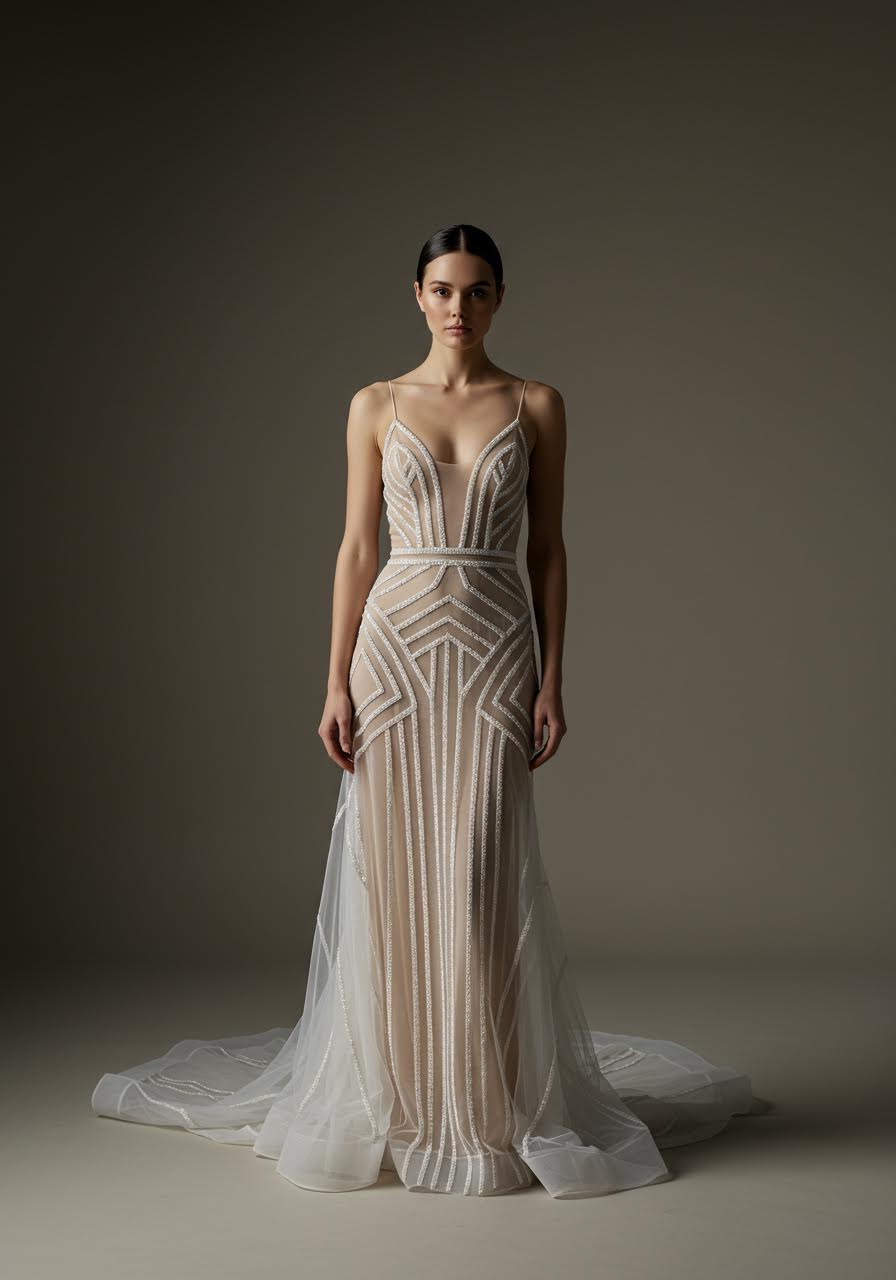 Architectural geometric seaming creating clean lines on sheer illusion wedding gown