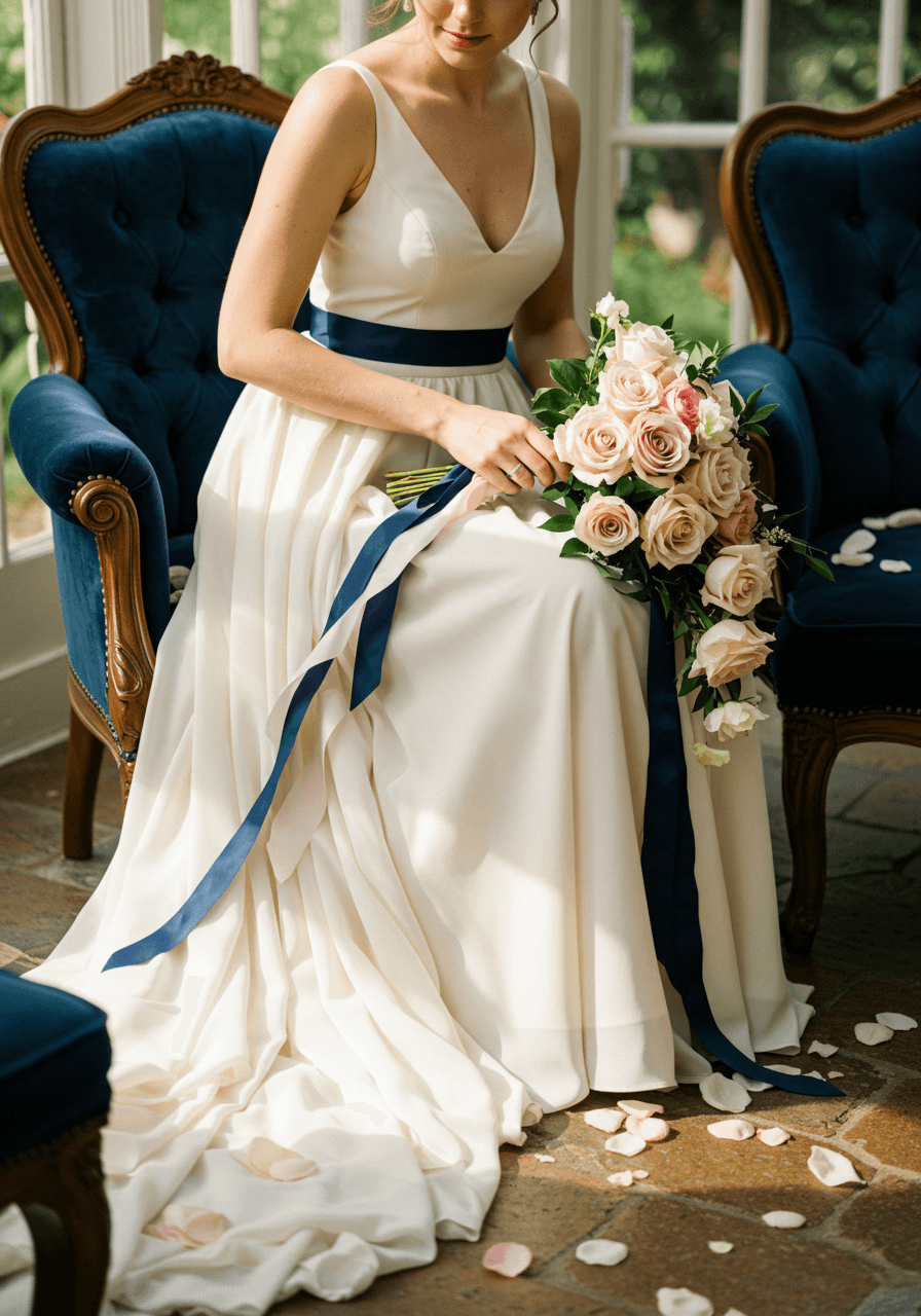 Bride seated in romantic conservatory with navy blue velvet furniture during golden hour