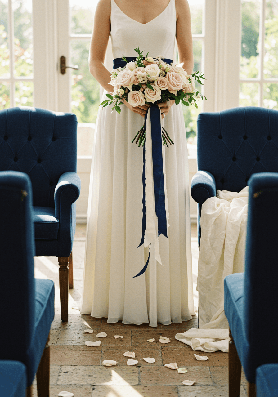 Bride in ivory gown with navy blue ribbon sash holding blush bouquet beside vintage navy velvet chairs in conservatory