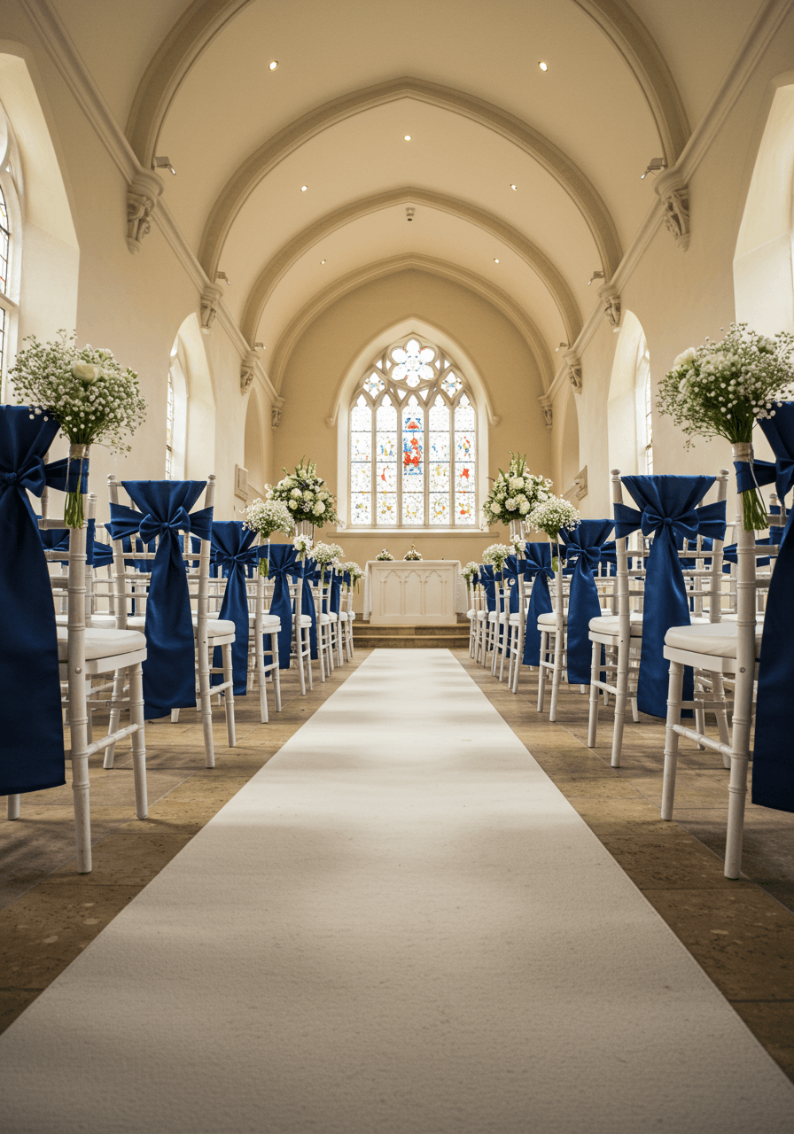 Wide angle view of charming chapel interior with navy blue chair decorations and white carpet aisle