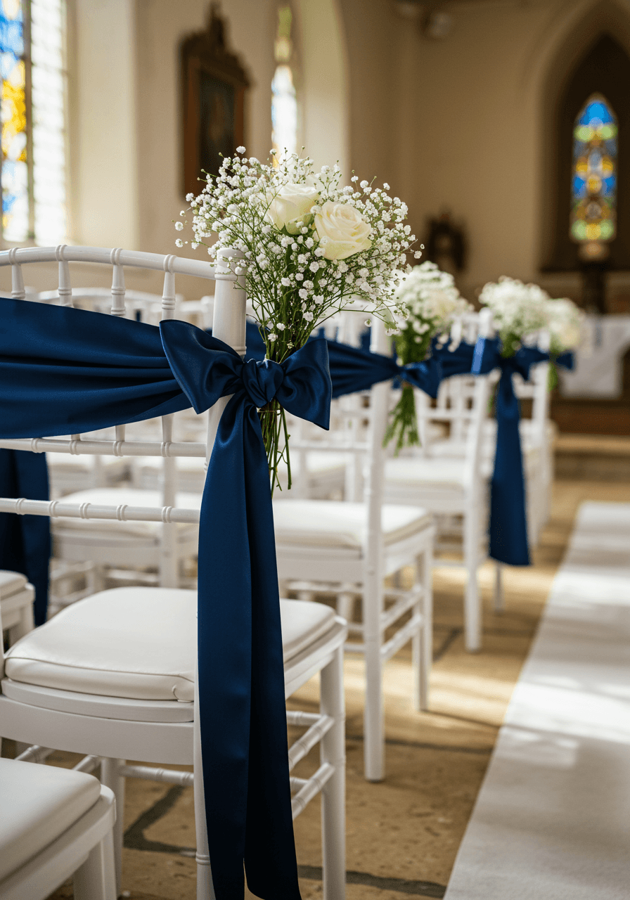 White wooden ceremony chairs with navy blue sashes and white flower bouquets lining chapel aisle