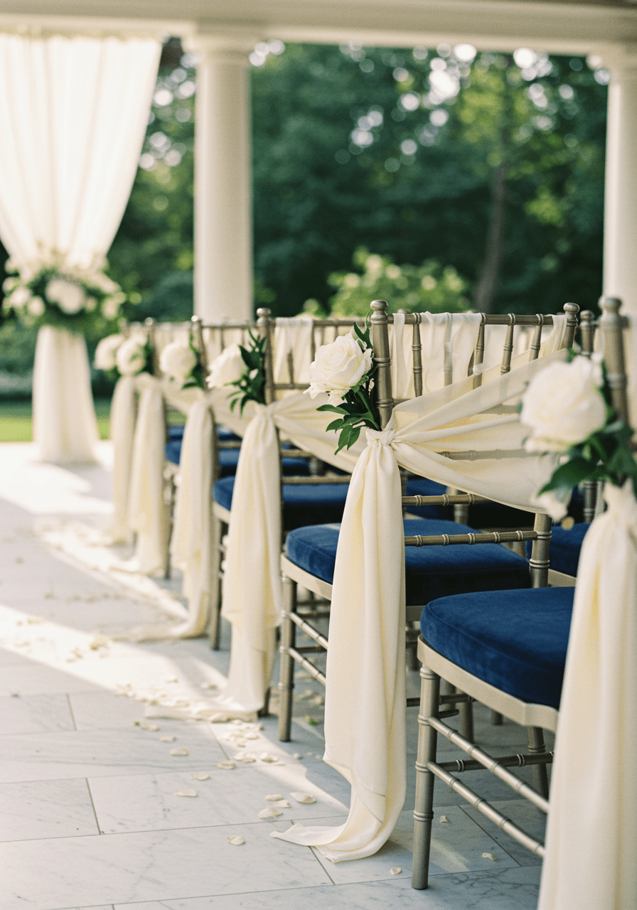 Navy blue upholstered Chiavari chairs with ivory ribbon sashes along white marble aisle in garden pavilion