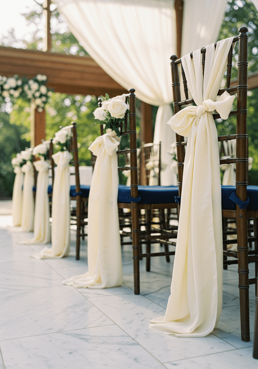 Low angle view of elegant navy blue Chiavari chairs with white roses in outdoor ceremony space