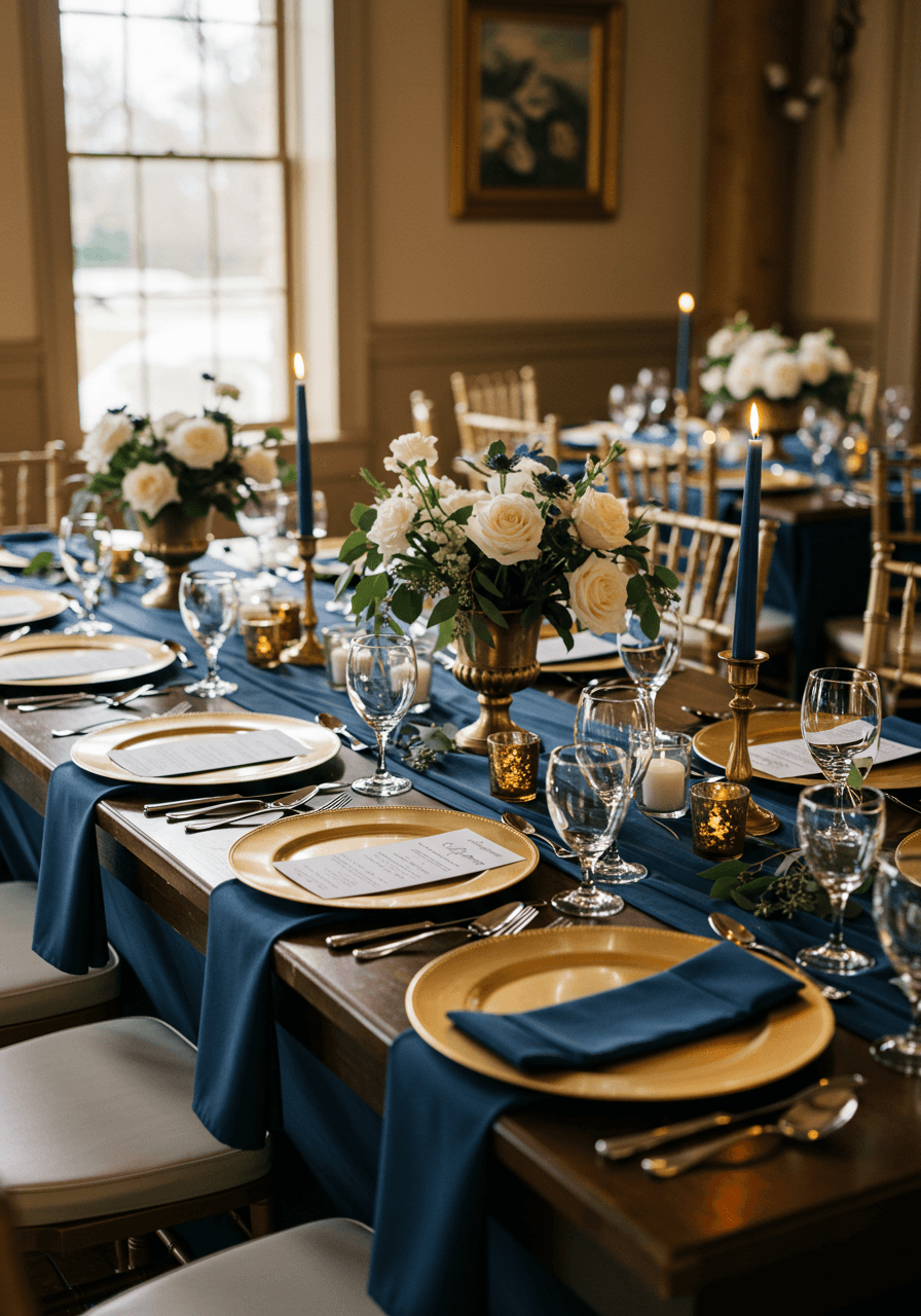 Elegant navy blue tablescape with gold-rimmed charger plates and white florals on mahogany dining table