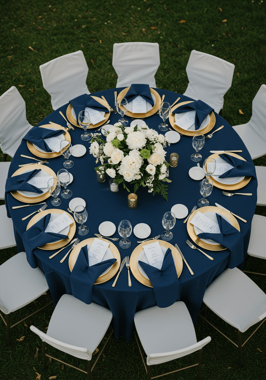 Overhead view of round reception table with navy blue linens, gold napkin rings and white peony centrepiece