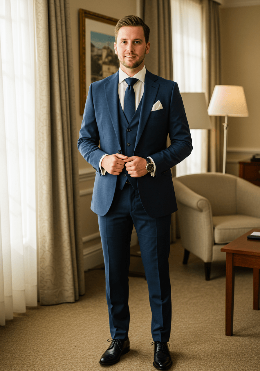 Groom in sophisticated navy blue three-piece suit in elegant hotel suite during golden hour