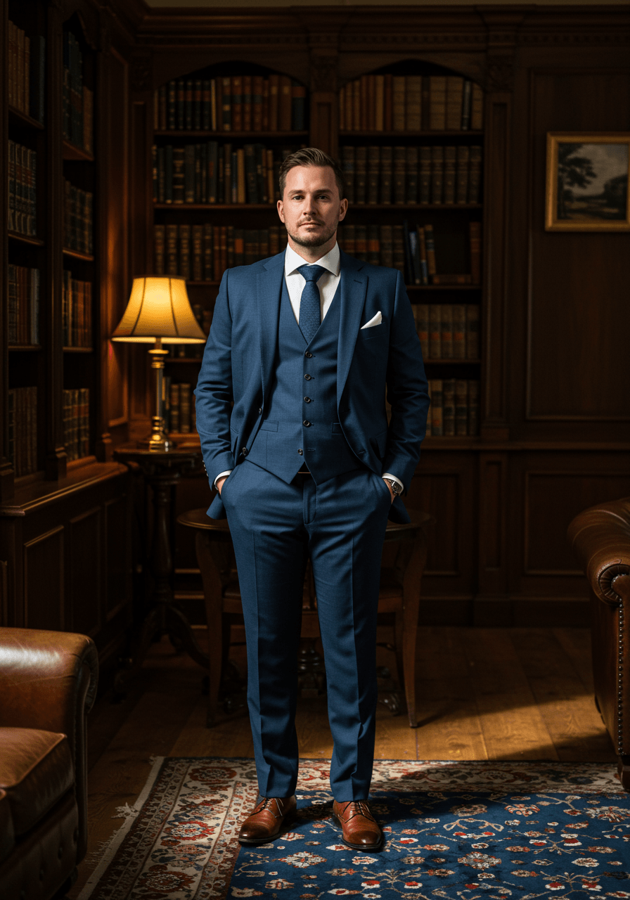 Groom in tailored navy blue three-piece suit in elegant manor library with dark wood panelling
